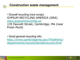 Construction waste management

• Drywall recycling (new scrap):
GYPSUM RECYCLING AMERICA (GRA)
www.gypsumrecycling.us
135 Fawcett Street, Cambridge, MA (near
Fresh Pond)


• Good general recycling info:
http://www.cambridgema.gov/TheWorks/
departments/recycle/donaterecycle.html




The Green Roundtable
(copyright © Green Roundtable 2007)
 