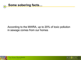 Some sobering facts…




According to the MWRA, up to 20% of toxic pollution
in sewage comes from our homes




The Green Roundtable
(copyright © Green Roundtable 2007)
 