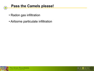Pass the Camels please!

• Radon gas infiltration

• Airborne particulate infiltration




The Green Roundtable
(copyright © Green Roundtable 2007)
 