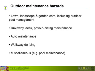 Outdoor maintenance hazards

• Lawn, landscape & garden care, including outdoor
pest management

• Driveway, deck, patio & siding maintenance

• Auto maintenance

• Walkway de-icing

• Miscellaneous (e.g. pool maintenance)



The Green Roundtable
(copyright © Green Roundtable 2007)
 