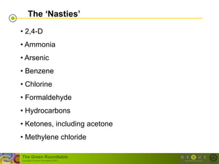 The „Nasties‟

• 2,4-D
• Ammonia
• Arsenic
• Benzene
• Chlorine
• Formaldehyde
• Hydrocarbons
• Ketones, including acetone
• Methylene chloride

The Green Roundtable
(copyright © Green Roundtable 2007)
 