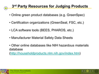 3rd Party Resources for Judging Products

• Online green product databases (e.g. GreenSpec)

• Certification organizations (GreenSeal, FSC, etc.)

• LCA software tools (BEES, PHAROS, etc.)

• Manufacturer Material Safety Data Sheets

• Other online databases like NIH hazardous materials
database
(http://householdproducts.nlm.nih.gov/index.htm)




The Green Roundtable
(copyright © Green Roundtable 2007)
 