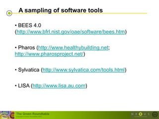 A sampling of software tools

• BEES 4.0
(http://www.bfrl.nist.gov/oae/software/bees.htm)


• Pharos (http://www.healthybuilding.net;
http://www.pharosproject.net/)


• Sylvatica (http://www.sylvatica.com/tools.html)


• LISA (http://www.lisa.au.com)




The Green Roundtable
(copyright © Green Roundtable 2007)
 