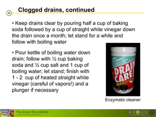 Clogged drains, continued

• Keep drains clear by pouring half a cup of baking
soda followed by a cup of straight white vinegar down
the drain once a month; let stand for a while and
follow with boiling water

• Pour kettle of boiling water down
drain; follow with ½ cup baking
soda and ½ cup salt and 1 cup of
boiling water; let stand; finish with
1 - 2 cup of heated straight white
vinegar (careful of vapors!) and a
plunger if necessary
                                        Enzymatic cleaner

 The Green Roundtable
 (copyright © Green Roundtable 2007)
 
