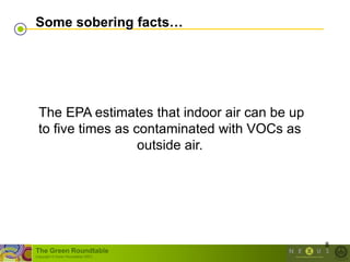 Some sobering facts…




 The EPA estimates that indoor air can be up
 to five times as contaminated with VOCs as
                   outside air.




                                               8
The Green Roundtable
(copyright © Green Roundtable 2007)
 