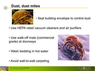Dust, dust mites


                                      • Seal building envelope to control dust


• Use HEPA rated vacuum cleaners and air purifiers


• Use walk-off mats (commercial
grade) at doorways


• Wash bedding in hot water


• Avoid wall-to-wall carpeting

The Green Roundtable
(copyright © Green Roundtable 2007)
 