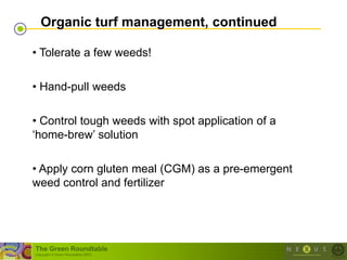 Organic turf management, continued

• Tolerate a few weeds!

• Hand-pull weeds

• Control tough weeds with spot application of a
‗home-brew‘ solution

• Apply corn gluten meal (CGM) as a pre-emergent
weed control and fertilizer




The Green Roundtable
(copyright © Green Roundtable 2007)
 