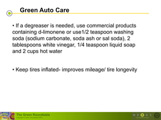 Green Auto Care

• If a degreaser is needed, use commercial products
containing d-limonene or use1/2 teaspoon washing
soda (sodium carbonate, soda ash or sal soda), 2
tablespoons white vinegar, 1/4 teaspoon liquid soap
and 2 cups hot water


• Keep tires inflated- improves mileage/ tire longevity




 The Green Roundtable
 (copyright © Green Roundtable 2007)
 