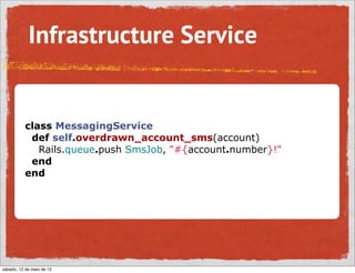 Infrastructure Service


          class MessagingService
           def self.overdrawn_account_sms(account)
             Rails.queue.push SmsJob, "#{account.number}!"
           end
          end




sábado, 12 de maio de 12
 