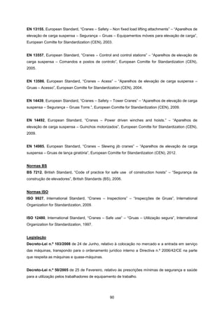 90
EN 13155, European Standard, “Cranes – Safety – Non fixed load lifting attachments” – “Aparelhos de
elevação de carga suspensa – Segurança – Gruas – Equipamentos móveis para elevação de carga”,
European Comitte for Standardization (CEN), 2003.
EN 13557, European Standard, “Cranes – Control and control stations” – “Aparelhos de elevação de
carga suspensa – Comandos e postos de controlo”, European Comitte for Standardization (CEN),
2005.
EN 13586, European Standard, “Cranes – Acess” – “Aparelhos de elevação de carga suspensa –
Gruas – Acesso”, European Comitte for Standardization (CEN), 2004.
EN 14439, European Standard, “Cranes – Safety – Tower Cranes” – “Aparelhos de elevação de carga
suspensa – Segurança – Gruas Torre.”, European Comitte for Standardization (CEN), 2009.
EN 14492, European Standard, “Cranes – Power driven winches and hoists.” – “Aparelhos de
elevação de carga suspensa – Guinchos motorizados”, European Comitte for Standardization (CEN),
2009.
EN 14985, European Standard, “Cranes – Slewing jib cranes” – “Aparelhos de elevação de carga
suspensa – Gruas de lança giratória”, European Comitte for Standardization (CEN), 2012.
Normas BS
BS 7212, British Standard, “Code of practice for safe use of construction hoists” – “Segurança da
construção de elevadores”, British Standards (BS), 2006.
Normas ISO
ISO 9927, International Standard, “Cranes – Inspections” – “Inspecções de Gruas”, International
Organization for Standardization, 2009.
ISO 12480, International Standard, “Cranes – Safe use” – “Gruas – Utilização segura”, International
Organization for Standardization, 1997.
Legislação
Decreto-Lei n.º 103/2008 de 24 de Junho, relativo à colocação no mercado e a entrada em serviço
das máquinas, transpondo para o ordenamento jurídico interno a Directiva n.º 2006/42/CE na parte
que respeita as máquinas e quase-máquinas.
Decreto-Lei n.º 50/2005 de 25 de Fevereiro, relativo às prescrições mínimas de segurança e saúde
para a utilização pelos trabalhadores de equipamento de trabalho.
 