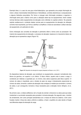 18
Exemplo disso, é o caso de uma grua móvel telescópica, que apresenta uma ampla informação de
motor a diesel, transmissões hidrodinâmicas e hidrostáticas, controlos electrónicos e computacionais
e alguma hidráulica pneumática. Por forma a conjugar esta informação complexa e organizar a
informação tanto para o fabrico como para a utilização deste tipo de equipamentos, foram criadas
normas técnicas sobre equipamentos de elevação como referidas no capítulo anterior. No presente
capítulo analisar-se-á o conteúdo destas normas para os equipamentos de elevação de utilização
corrente mais importantes, por forma a clarificar e simplificar o modo de racionalizar e utilizar este tipo
de equipamento, em particular em obra.
Como introdução aos conceitos de elevação é pertinente referir a forma como se processam. Na
maioria dos equipamentos de elevação, o processo de elevação, baseia-se no mecanismo básico de
elevação que se apresenta a seguir (Figura 15).
Os dispositivos básicos de elevação, que constituem os equipamentos, possuem normalmente dois
blocos de ganchos, um superior e um inferior. O bloco inferior, aquele onde é presa a carga, é
constituído por roldanas e suportado por, no mínimo, dois cabos suspensos pelo bloco superior. O
número de cabos é importante, pois a divisão do peso da carga é directamente proporcional ao
número de cabos, tornando o sistema de elevação mais vantajoso à medida que aumentam o número
de cabos, e por conseguinte, tornando a força necessária para a elevação menor (Shapiro, et al.,
2011).
No primeiro caso, a roldana deflectora, tem a função de orientar e direcionar os cabos para que estes
mantenham a sua tensão necessária para proceder à correcta elevação. No segundo caso, o tambor
de enrolamento, tem como principal característica ser a massa de inércia do sistema, e tem como
funções manter a força dos cabos uniforme e estática, e fazer o equilíbrio do cabo devido à fricção
nas diferentes etapas de elevação da carga.
Figura 15: Dispositivo de elevação de cargas (Adaptado de Shapiro, et al., 2011)
 
