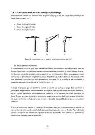 23
3.1.2. Gruas torre em função da configuração da lança
Presentemente existem três principais tipos de gruas torre (Figura 20), em função da configuração da
lança (Shapiro, et al., 2011):
 Gruas de lança horizontal;
 Gruas de lança inclinada;
 Gruas de lança articulada.
a) Gruas de lança horizontal
É provavelmente o tipo de grua mais utilizado na indústria da construção em Portugal e no resto da
Europa. Neste tipo, a lança possui apenas movimentos radiais em função do poder giratório da grua,
sendo que é provável a passagem pela lança por áreas fora do estaleiro. Estas gruas possuem duas
configurações diferentes em função da existência da porta-lança, ou torre da lança. No caso de existir
este elemento é uma grua do tipo representado na Figura 19, e no caso de ser inexistente o
respectivo elemento, dá-se o nome de Flat Top (Figura 18).
A lança é composta por um carril que contém o gancho que carrega a carga. Este carril tem a
capacidade de percorrer o comprimento total da lança de modo a puder operar sob o raio pretendido.
Do lado oposto encontra-se a contra-lança que contém os blocos de betão que fazem o equilibro da
lança. Entre a lança e a contra-lança encontra-se a cabine de controlo, local onde se situa o operador
da grua e também o ponto giratório que fornece ao operador a possibilidade de operar em qualquer
direcção.
É de notar que no que respeita às operações de montagem as gruas torre que possuem a porta-lança
apresentam-se como sendo mais trabalhosas quando comparadas com as de Flat Top, sobretudo
devido à colocação dos tirantes que suportam as lanças. No entanto, estas últimas não permitem os
alcances tão elevados como as anteriores.
Figura 20: Tipos de gruas torre em função da lança (Adaptado de Nunnally, 2007)
 