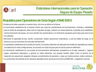 RequisitosparaOperadoresdeGrúaSegúnASMEB30.5
Estándares Internacionales para la Operación
Segura de Equipo Pesado
• Evidencia de haber superado un examen físico, tal como se define en la Norma
• La terminación satisfactoria de un examen escrito que cubra las características de funcionamiento, controles y habilidades
para el control de emergencias, tales como la respuesta al fuego, contacto con líneas eléctricas, la pérdida de la estabilidad,
mal funcionamiento del equipo, así como también las características y el rendimiento apropiado para el tipo grúa para el que
fue calificado
• Demostrar la capacidad de leer, escribir, comprender, realizar operaciones matemáticas, y usar las tablas de carga, en el
idioma en que se encuentran los manuales del fabricante.
• La aprobación satisfactoria de la prueba por escrito o la prueba verbal del uso adecuado de la tabla de capacidad que abarca
una selección de varias configuraciones, de acuerdo con el tipo de grúa para el cual se quiera la calificación.
• La terminación satisfactoria de una prueba de funcionamiento demostrando competencia en el izaje, subiendo y bajando
cargas, extendiendo telescópico, y girando en radios diferentes. Las pruebas también deben incluir el dominio de la
inspección pre operacional, apagado y bloqueo, procedimientos de operación, y viaje; por medios escritos, orales o prácticos.
• La comprensión demostrada de los requisitos aplicables de las secciones de la Norma ASME B30 , y legislación nacional.
 