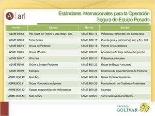 Norma Equipo Norma Equipo
ASME B30.2 Pte. Grúa de Trolley y viga despl. sup. ASME B30.16 Polipastos (colgantes) de puente grúa
ASME B30.3 Torre Grúas ASME B30.17 Puente grúa y pórticos Vig sup y Tro. Col
ASME B30.4 Grúas de Pedestal ASME B30.18 Puente Grúa Apiladora
ASME B30.5 Grúas Móviles ASME B30.20 Accesorios de Izaje debajo del gancho
ASME B30.7 Winches ASME B30.21 Polipastos manuales
ASME B30.8 Grúas y Brazos Flotantes ASME B30.22 Grúas de Brazo Articulado
ASME B30.9 Eslingas ASME B30.23 Sistemas de Levantamiento de Personal
ASME B30.10 Ganchos ASME B30.24 Grúas Portacontenedores
ASME B30.11 Grúas Monorriel y colgantes ASME B30.25 Manipulación de Chatarra y Materiales
ASME B30.12 Cargas suspendidas de Helicópteros ASME B30.26 Aparejos
ASME B30.14 Side Boom ASME B30.29 Torre Grúas Auto montantes
Estándares Internacionales para la Operación
Segura de Equipo Pesado
 