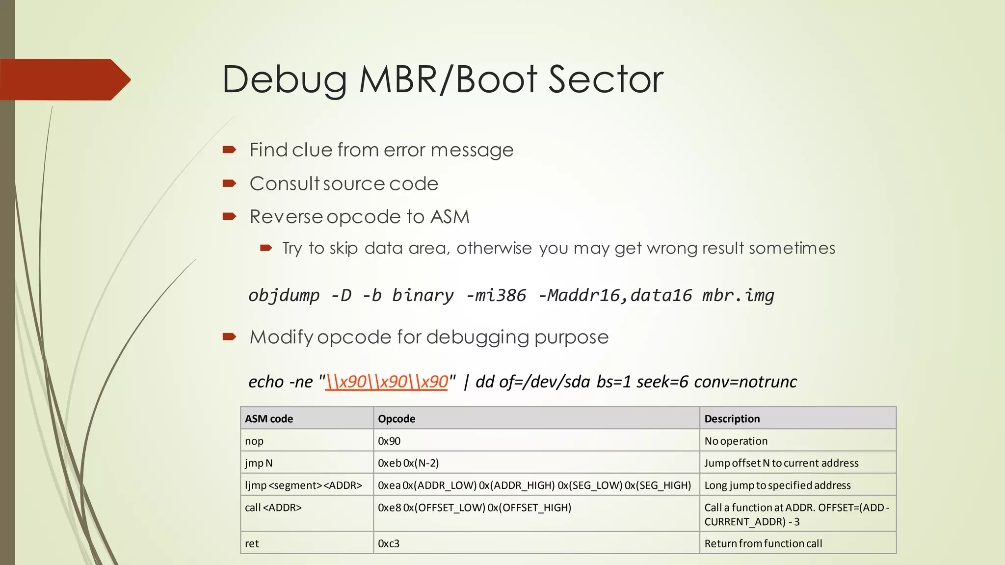 Debug MBR/Boot Sector
 Find clue from error message
 Consult source code
 Reverseopcode to ASM
 Try to skip data area, otherwise you may get wrong result sometimes
objdump -D -b binary -mi386 -Maddr16,data16 mbr.img
 Modify opcode for debugging purpose
ASM code Opcode Description
nop 0x90 Nooperation
jmpN 0xeb0x(N-2) JumpoffsetN tocurrent address
ljmp<segment><ADDR> 0xea0x(ADDR_LOW) 0x(ADDR_HIGH) 0x(SEG_LOW) 0x(SEG_HIGH) Long jumptospecifiedaddress
call <ADDR> 0xe8 0x(OFFSET_LOW) 0x(OFFSET_HIGH) Call a functionatADDR. OFFSET=(ADD-
CURRENT_ADDR) - 3
ret 0xc3 Returnfromfunctioncall
echo -ne "x90x90x90" | dd of=/dev/sda bs=1 seek=6 conv=notrunc
 