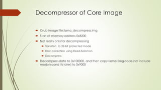Decompressor of Core Image
 Grub image file:lzma_decompress.img
 Start at memory address 0x8200
 Not really only for decompressing
 Transition to 32-bit protected mode
 Error correction using Reed-Solomon
 Decompress
 Decompress data to 0x100000, and then copy kernel.img code(not include
modules and its later) to 0x9000
 