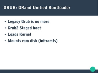 GRUB: GRand Unified Bootloader
● Legacy Grub is no more
● Grub2 Staged boot
● Loads Kernel
● Mounts ram disk (initramfs)
 