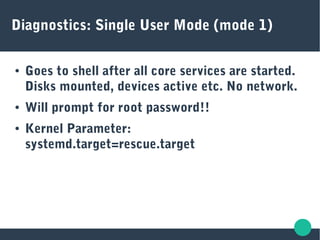 Diagnostics: Single User Mode (mode 1)
● Goes to shell after all core services are started.
Disks mounted, devices active etc. No network.
● Will prompt for root password!!
● Kernel Parameter:
systemd.target=rescue.target
 