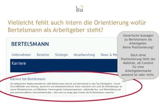 Vielleicht fehlt auch intern die Orientierung wofür
Bertelsmann als Arbeitgeber steht?
Generische Aussagen
zu Bertelsmann als
Arbeitgeber.
Keine Positionierung?
Doch ohne
Positionierung fehlt der
Maßstab, ob Content
für eine
Arbeitgebermarke
passend ist oder nicht.

 