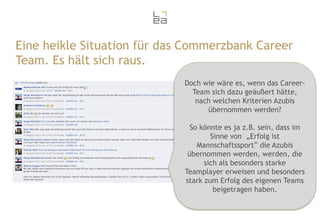 Eine heikle Situation für das Commerzbank Career
Team. Es hält sich raus.
Doch wie wäre es, wenn das CareerTeam sich dazu geäußert hätte,
nach welchen Kriterien Azubis
übernommen werden?
So könnte es ja z.B. sein, dass im
Sinne von „Erfolg ist
Mannschaftssport“ die Azubis
übernommen werden, werden, die
sich als besonders starke
Teamplayer erweisen und besonders
stark zum Erfolg des eigenen Teams
beigetragen haben.

 