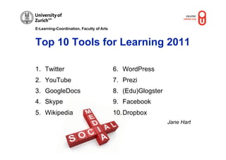 E-Learning-Coordination, Faculty of Arts



Top 10 Tools for Learning 2011

1.  Twitter                                6.  WordPress
2.  YouTube                                7.  Prezi
3.  GoogleDocs                             8.  (Edu)Glogster
4.  Skype                                  9.  Facebook
5.  Wikipedia                              10. Dropbox
                                                               Jane Hart
 