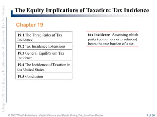 Chapter
19
The
Equity
Implications
of
Taxation:
Tax
Incidence
© 2007 Worth Publishers Public Finance and Public Policy, 2/e, Jonathan Gruber 1 of 36
19.5 Conclusion
The Equity Implications of Taxation: Tax Incidence
19.3 General Equilibrium Tax
Incidence
19.2 Tax Incidence Extensions
19.1 The Three Rules of Tax
Incidence
Chapter 19
19.4 The Incidence of Taxation in
the United States
tax incidence Assessing which
party (consumers or producers)
bears the true burden of a tax.
 