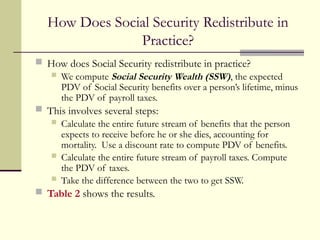 How Does Social Security Redistribute in
Practice?
 How does Social Security redistribute in practice?
 We compute Social Security Wealth (SSW), the expected
PDV of Social Security benefits over a person’s lifetime, minus
the PDV of payroll taxes.
 This involves several steps:
 Calculate the entire future stream of benefits that the person
expects to receive before he or she dies, accounting for
mortality. Use a discount rate to compute PDV of benefits.
 Calculate the entire future stream of payroll taxes. Compute
the PDV of taxes.
 Take the difference between the two to get SSW.
 Table 2 shows the results.
 