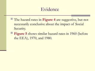 Evidence
 The hazard rates in Figure 4 are suggestive, but not
necessarily conclusive about the impact of Social
Security.
 Figure 5 shows similar hazard rates in 1960 (before
the EEA), 1970, and 1980.
 