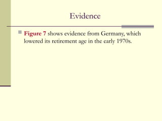 Evidence
 Figure 7 shows evidence from Germany, which
lowered its retirement age in the early 1970s.
 