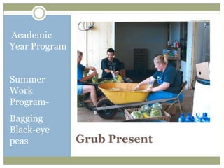 Academic
Year Program


Summer
Work
Program-
Bagging
Black-eye
peas           Grub Present
 