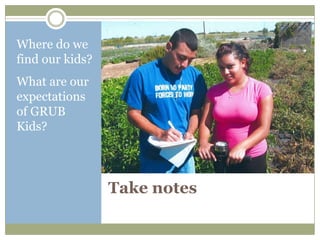 Where do we
find our kids?
What are our
expectations
of GRUB
Kids?




                 Take notes
 