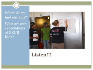 Where do we
find our kids?
What are our
expectations
of GRUB
Kids?




                 Listen!!!
 