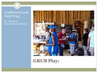 Conferences and
Field Trips
Ex: Rooted in
Community Conference




                       GRUB Play:
 