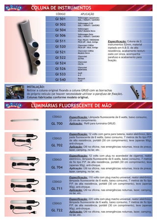 LUMINÁRIAS FLUORESCENTE DE MÃO
CÓDIGO
GL 700
CÓDIGO
GL 702
CÓDIGO
GL 704
CÓDIGO
GL 711
CÓDIGO
GL 722
Especiﬁcação: Lâmpada ﬂuorescente de 6 watts, baixo consumo,
20 cm de comprimento.
Aplicação: Reﬁl para luminária GRUD.
Especiﬁcação: 220 volts com plug macho universal, reator eletrônico,
lâmpada ﬂuorescente de 6 watts, baixo consumo, 7 metros de ﬁo tipo
P.P. de alta resistência, portátil (30 cm comprimento), leve (apenas
90g), anti-choque.
Aplicação: Útil na oﬁcina, nas emergências noturnas, lazer, camping,
no lar, etc.
Especiﬁcação: 110 volts com plug macho universal, reator eletrônico,
lâmpada ﬂuorescente de 6 watts, baixo consumo, 7 metros de ﬁo tipo
P.P. de alta resistência, portátil (30 cm comprimento), leve (apenas
90g), anti-choque.
Aplicação: Útil na oﬁcina, nas emergências noturnas, lazer, camping,
no lar, etc.
Especiﬁcação: 12 volts com plug no acendedor de cigarros, reator
eletrônico, lâmpada ﬂuorescente de 6 watts, baixo consumo, 7 metros
de ﬁo tipo P.P. de alta resistência, portátil (30 cm comprimento), leve
(apenas 90g), anti-choque.
Aplicação: Útil na oﬁcina, nas emergências noturnas, troca de pneus,
lazer, camping, no lar, etc.
Especiﬁcação: 12 volts com garra para bateria, reator eletrônico, lâm-
pada ﬂuorescente de 6 watts, baixo consumo, 7 metros de ﬁo tipo P.P.
de alta resistência, portátil (30 cm comprimento), leve (apenas 90g),
anti-choque.
Aplicação: Útil na oﬁcina, nas emergências noturnas, troca de pneus,
lazer, camping, no lar, etc.
COLUNA DE INSTRUMENTOS
CÓDIGO APLICAÇÃO
Especiﬁcação: Coluna de 3
instrumentos 52mm, material
injetado em A.B.S. de alta
resistência, acabamento texturi-
zado cor cinza, acompanha
parafuso e acabamento para
ﬁxação.
GI 501
GI 502
GI 504
GI 506
GI 511
GI 520
GI 521
GI 522
GI 524
GI 526
GI 533
GI 540
Volkswagen (quadrado)
GOL / PARATI / SAVEIRO
Volkswagen G-III
GOL / PARATI / SAVEIRO
Volkswagen
GOLF Modelo Novo
Volkswagen Bola
GOL / PARATI / SAVEIRO
Fiat: PALIO / WEEKEND
PICK-UP - Mod. Antigo
Chevrolet CORSA
PICK-UP - Mod. Antigo
Chevrolet CORSA
Modelo Novo
Chevrolet
ASTRA
Chevrolet
CELTA
Chevrolet
MONTANA
Audi
A-3
Renault
CLIO
INSTALAÇÃO:
Retirar a coluna original ﬁxando a coluna GRUD com as borrachas
do próprio veículo (se houver necessidade utilizar o parafuso de ﬁxação).
Colunas fabricadas conforme modelo original.
 