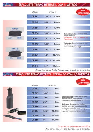 ESPAGUETE TERMO-RETRÁTIL COM 5 METROS
CÓDIGO BITOLA
GR 821 1/2” - 12,7mm
GR 841 1/4” - 6,4mm
GR 842 3/32” - 2,4mm
GR 843 3/4” - 19,0mm
GR 854 3/16” - 4,5mm
GR 857 5/16” - 7,5mm
GR 861 1/16” - 1,6mm
GR 881 1/8” - 3,2mm
GR 883 3/8” - 9,5mm
Especiﬁcações: Termo-Retrátil,
Auto-Extinguível.
Embalagem com 5 metros de
Comprimento
Aplicação: Em emendas de ﬁos,
chicote, terminais, conectores.
Evita umidade e oxidação.
Disponível na cor Preta. Outras cores e medidas a consultar.
Disponível na cor Preta. Outras cores a consultar.
CÓDIGO BITOLA
ESPAGUETE TERMO-RETRÁTIL ADESIVADO COM 1,22METROS
Fornecido em embalagem com 1,22cm
Especiﬁcações: Termo-Retrátil com
adesivo interno, contração de 3 : 1,
Temperatura de contração 80o
C.
Aplicação: Em emendas de ﬁos,
chicote, terminais, conectores, evita
umidade e oxidação. Isola e veda
conexões elétricas, resistente a U.V.
a brasão, e a maioria de solventes.
AUTO
EXTINGUÍVEL!
AUTO
EXTINGUÍVEL!
GR 862 4mm5/32” -
GR 863 5mm13/64” -
GR 864 6mm15/64” -
GR 865 8mm5/16” -
GR 866 9mm23/64” -
GR 867 12,0mm15/32” -
GR 868 16,0mm5/8” -
GR 869 19,0mm3/4” -
GR 885 5/8” 15,8mm-
 