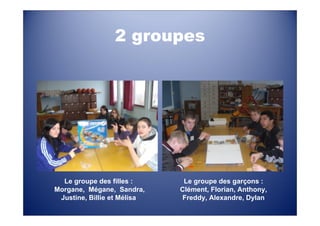 2 groupes




  Le groupe des filles :      Le groupe des garçons :
Morgane, Mégane, Sandra,     Clément, Florian, Anthony,
 Justine, Billie et Mélisa   Freddy, Alexandre, Dylan
 