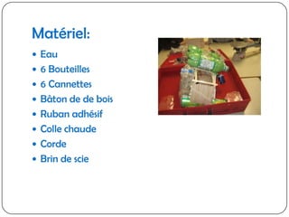 Matériel:Eau6 Bouteilles6 CannettesBâton de de boisRuban adhésifColle chaudeCorde Brin de scie 