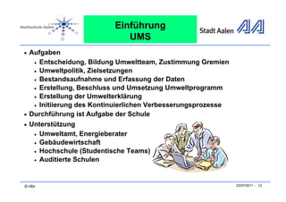 Einführung
                                UMS
• Aufgaben
     g
    •Entscheidung, Bildung Umweltteam, Zustimmung Gremien
   • Umweltpolitik, Zielsetzungen
   • Bestandsaufnahme und Erfassung der Daten
   • Erstellung, Beschluss und Umsetzung Umweltprogramm
   • Erstellung der Umwelterklärung
   • Initiierung des Kontinuierlichen Verbesserungsprozesse
• Durchführung ist Aufgabe der Schule
• Unterstützung
    •   Umweltamt, Energieberater
    •   Gebäudewirtschaft
    •   Hochschule (Studentische Teams)
    •   Auditierte Schulen


© Hbr                                                         23/07/2011 - 12
 