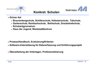 Konkret: Schulen
• Grüner Aal
    •   Braunenbergschule, Schillerschule, Hofackerschule, Talschule,
    •   Gartenschule, Rombachschule, Bohlschule, Grauleshofschule,
    •   Schubartgymnasium
    •   Haus der Jugend, WeststadtZentrum




• P
  Prozess/Handbuch, Evaluierung/Kriterien
         /H db h E l i         /K it i
• Software-Unterstützung für Datenerfassung und Einführungsprojekt


• Überarbeitung der Unterlagen, Profesionalisierung




© Hbr                                                             23/07/2011 - 26
 