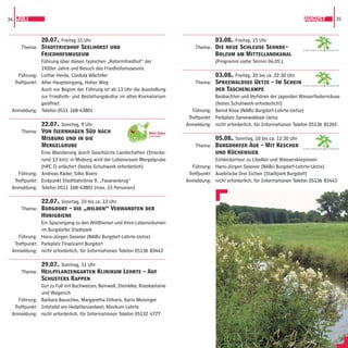 34 JULI                                                                                                                           AUGUST              35



              20.07., Freitag 15 Uhr                                                    03.08., Freitag, 15 Uhr
     Thema: Stadtfriedhof Seelhorst und                                          Thema: Die neue Schleuse Sehnde-                GARTENREGION   HANNOVER

              Friedhofsmuseum                                                           Bolzum am Mittellandkanal
              Führung über diesen typischen „Reformfriedhof“ der                        (Programm siehe Termin 04.05.)
              1920er Jahre und Besuch des Friedhofsmuseums
    Führung: Lothar Herde, Cordula Wächtler                                               03.08., Freitag, 20 bis ca. 22:30 Uhr
  Treffpunkt: Alter Haupteingang, Hoher Weg                                      Thema: Spreewaldsee Uetze – Im Schein           GARTENREGION   HANNOVER

              Auch vor Beginn der Führung ist ab 13 Uhr die Ausstellung                   der Taschenlampe
              zur Friedhofs- und Bestattungskultur im alten Krematorium                   Beobachten und Verhören der jagenden Wasserﬂedermäuse
              geöffnet.                                                                   (festes Schuhwerk erforderlich!)
 Anmeldung: Telefon 0511 168-43801                                              Führung: Bernd Rose (NABU Burgdorf-Lehrte-Uetze)
                                                                              Treffpunkt: Parkplatz Spreewaldsee Uetze
              22.07., Sonntag, 9 Uhr                                         Anmeldung: nicht erforderlich, für Informationen Telefon 05136 81265
     Thema: Von Isernhagen Süd nach
              Misburg und in die                                                          05.08., Sonntag, 10 bis ca. 12:30 Uhr
              Mergelgrube                                                        Thema: Burgdorfer Aue – Mit Kescher             GARTENREGION   HANNOVER

              Eine Wanderung durch Geschützte Landschaften (Strecke:                      und Küchensieb
              rund 13 km); in Misburg wird der Lebensraum Mergelgrube                     Entdeckertour zu Libellen und Wasserskorpionen
              (HPC I) erläutert (festes Schuhwerk erforderlich)                 Führung: Hans-Jürgen Sessner (NABU Burgdorf-Lehrte-Uetze)
    Führung: Andreas Räder, Silke Boers                                       Treffpunkt: Auebrücke Drei Eichen (Stadtpark Burgdorf)
  Treffpunkt: Endpunkt Stadtbahnlinie 9, „Fasanenkrug“                       Anmeldung: nicht erforderlich, für Informationen Telefon 05136 83443
 Anmeldung: Telefon 0511 168-43801 (max. 15 Personen)

              22.07., Sonntag, 10 bis ca. 12 Uhr
     Thema: Burgdorf – die „wilden“ Verwandten der
              Honigbiene
              Ein Spaziergang zu den Wildbienen und ihren Lebensräumen
              im Burgdorfer Stadtpark
    Führung: Hans-Jürgen Sessner (NABU Burgdorf-Lehrte-Uetze)
  Treffpunkt: Parkplatz Finanzamt Burgdorf
 Anmeldung: nicht erforderlich, für Informationen Telefon 05136 83443

              29.07., Sonntag, 11 Uhr
     Thema: Heilpﬂanzengarten Klinikum Lehrte – Auf
              Schusters Rappen
              Gut zu Fuß mit Buchweizen, Beinwell, Steinklee, Rosskastanie
              und Wegerich
    Führung: Barbara Bauschke, Margaretha Ehlvers, Karin Meisinger
  Treffpunkt: Infotafel am Heilpﬂanzenbeet, Klinikum Lehrte
 Anmeldung: nicht erforderlich, für Informationen Telefon 05132 4777
 