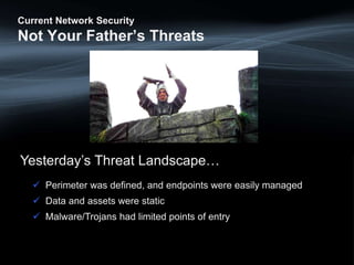 Current Network Security
Not Your Father’s Threats
Yesterday’s Threat Landscape…
 Perimeter was defined, and endpoints were easily managed
 Data and assets were static
 Malware/Trojans had limited points of entry
 
