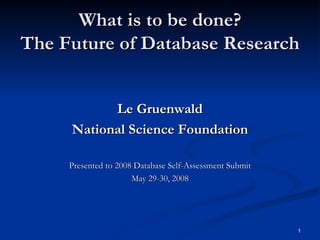 What is to be done? The Future of Database Research ,[object Object],[object Object],[object Object],[object Object]