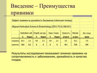 Введение – Преимущества
прививки
Эффект прививки на урожайность баклажанов (плёночная теплица)
(Журнал Horticulture Science & Biotechnology (2001) 76 (4) 396-401)
Verticillium wilt Опроб.-ие кор.

Корн. Гнили

Урож-сть

Кол-во

Вес плода

Индекс

%

Индекс

%

Индекс

(кг/раст)

на раст.

грамм

непривитые 84,4

2,4

100

2,5

100

2,5

9,5

55,3

172

привитые

0,3

0

0

0

0

16,1

73,8

218

%

16,9

Результаты исследования показывают влияние прививки на
сопротивляемость к заболеваниям, урожайность и качество
плодов.

 