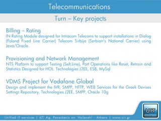 Telecommunications
                            Turn – Key projects
Billing – Rating
IN Rating Module designed for Intracom Telecoms to support installations in Dialog
(Poland Fixed Line Carrier) Telecom Sirbija (Serbian's National Carrier) using
Java/Oracle.


Provisioning and Network Management
NTS Platform to support Testing (Selt,Line), Port Operations like Reset, Retrain and
Statistics Designed for HOL. Technologies J2EE, ESB, MySql


VDMS Project for Vodafone Global
Design and implement the IVR, SMPP, HTTP, WEB Services for the Greek Devises
Settings Repository. Technologies J2EE, SMPP, Oracle 10g
 