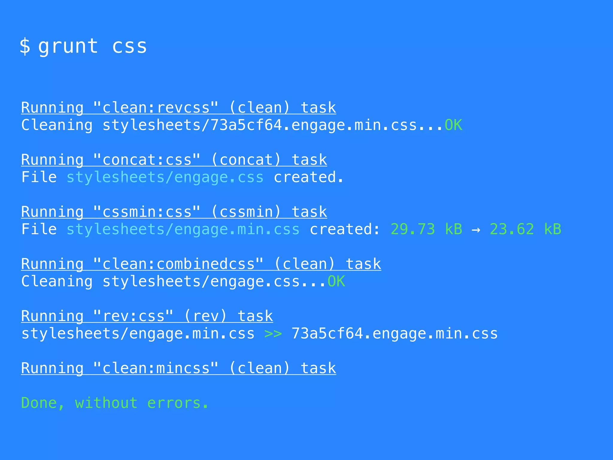 $ grunt css 
Running "clean:revcss" (clean) task 
Cleaning stylesheets/73a5cf64.engage.min.css...OK 
Running "concat:css" (concat) task 
File stylesheets/engage.css created. 
Running "cssmin:css" (cssmin) task 
File stylesheets/engage.min.css created: 29.73 kB → 23.62 kB 
Running "clean:combinedcss" (clean) task 
Cleaning stylesheets/engage.css...OK 
Running "rev:css" (rev) task 
stylesheets/engage.min.css >> 73a5cf64.engage.min.css 
Running "clean:mincss" (clean) task 
Done, without errors. 
 