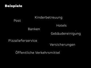 Beispiele

Post

Kinderbetreuung
Banken

Hotels
*

Gebäudereinigung
Pizzalieferservice

Versicherungen

Öffentliche Verkehrsmittel

 