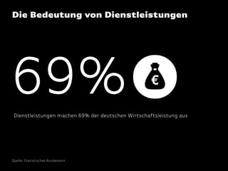 Die Bedeutung von Dienstleistungen

69%
Dienstleistungen machen 69% der deutschen Wirtschaftsleistung aus

Quelle: Statistisches Bundesamt

 