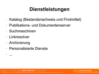 Dienstleistungen Katalog (Bestandsnachweis und Findmittel) Publikations- und Dokumentenserver Suchmaschinen Linkresolver Archivierung Personalisierte Dienste ... 