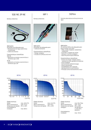 22 BE THINK INNOVATE
Aplicações
As bombas são adequadas para:
• Bombeamento de água subterrânea
contaminada
• Coleta de amostras
Características e benefícios
SQE-NE:
• Apresenta as mesmas características e
benefícios que a SQE
SP-NE:
• Apresenta as mesmas características e
benefícios que a SP
SQE-NE, SP-NE
Bombas ambientais
H [m]
60
100
200
40
10
20
0.2 0.4 1 2 4 6 2010
3Q [m /h]
60 Hz
Dados técnicos
3Vazão: máx. 220 m /h
Altura manométrica: máx. 215 m
Temperatura do líquido: 0ºC a +40ºC
Profundidade de
instalação: máx. 600 m
MP 1
Bombas ambientais
Aplicações
As bombas são adequadas para:
• Coleta de amostras
Características e benefícios
• Design compacto
• Encaixa em orifícios de 50 mm
H [m]
80
100
40
60
10
20
0.2 0.3 0.4 0.6 1 2 30.8
3Q [m /h]
60 Hz
Dados técnicos
3Vazão: máx. 2.4 m /h
Altura manométrica: máx. 95 m
Temperatura do líquido: 0ºC a +35ºC
Aplicações
Os sistemas SQFlex são adequados para
locais remotos, tais como:
• Vilas, escolas, hospitais, condomínios
residenciais
• Fazendas e irrigação de estufas
• Parques e reservas ecológicas
• Áreas de preservação ambiental
Características e benefícios
• Fontes de energia: módulos solares,
turbinas de vento, geradores ou baterias
• Fácil instalação
• Fornecimento confiável de água
• Pouca manutenção
• Possibilidades para expansão
• Bombeamento a custo eficiente
• Proteção contra funcionamento a seco
SQFlex
Sistemas alternativos de fornecimento de
água
60 Hz
H [m]
120
40
60
80
100
0
20
0 20 40 60 80 100
3Q [m /dia]
Dados técnicos
3Vazão: máx. 90 m /dia
Altura manométrica: máx. 120 m
Temperatura do líquido: 0ºC a +40ºC
Voltagem: 30-300 VDC ou
1 x 90-240 V,
50/60 Hz
Profundidade de
instalação: máx. 150 m
 