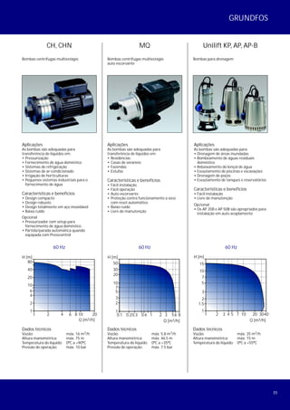 23
CH, CHN
Bombas centrífugas multiestágio
60 Hz
H [m]
80
40
20
10
6
4
2
1
1 2 4 6 8 10 20
3Q [m /h]
Aplicações
As bombas são adequadas para
transferência de líquidos em:
• Pressurização
• Fornecimento de água doméstico
• Sistemas de refrigeração
• Sistemas de ar-condicionado
• Irrigação de horticulturas
• Pequenos sistemas industriais para o
fornecimento de água
Características e benefícios
• Design compacto
• Design robusto
• Design totalmente em aço inoxidável
• Baixo ruído
Opcional
• Pressurizador com setup para
fornecimento de água doméstico
• Partida/parada automática quando
equipada com Presscontrol
MQ
3Q [m /h]
H [m]
50
30
20
7
10
5
2
3
1
0.1 0.20.3 0.6 321 65 8
60 Hz
Bombas centrífugas multiestágio
auto escorvante
Aplicações
As bombas são adequadas para
transferência de líquidos em:
• Residências
• Casas de veraneio
• Fazendas
• Estufas
Características e benefícios
• Fácil instalação
• Fácil operação
• Auto escorvante
• Proteção contra funcionamento a seco
com reset automático
• Baixo ruído
• Livre de manutenção
Dados técnicos
3Vazão: máx. 16 m /h
Altura manométrica: máx. 75 m
Temperatura do líquido: 0ºC a +90ºC
Pressão de operação: máx. 10 bar
Dados técnicos
3Vazão: máx. 5.8 m /h
Altura manométrica: máx. 46.5 m
Temperatura do líquido: 0ºC a +35ºC
Pressão de operação: máx. 7.5 bar
Unilift KP, AP, AP-B
Bombas para drenagem
Aplicações
As bombas são adequadas para:
• Drenagem de áreas inundadas
• Bombeamento de águas residuais
doméstico
• Rebaixamento do lençol de água
• Esvaziamento de piscinas e escavações
• Drenagem de poços
• Esvaziamento de tanques e reservatórios
Características e benefícios
• Fácil instalação
• Livre de manutenção
Opcional:
• Os AP 35B e AP 50B são apropriados para
instalação em auto acoplamento
H [m]
15
10
7
5
3
1.5
2
1
21 3 4 5 107 3020 40
3Q [m /h]
60 Hz
Dados técnicos
3Vazão: máx. 35 m /h
Altura manométrica: máx. 15 m
Temperatura do líquido: 0ºC a +55ºC
GRUNDFOS
 